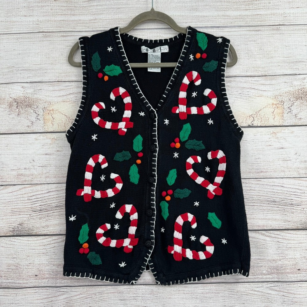OHI Sweater Vest Womens Medium Black Holiday Candy Cane Heart Christmas